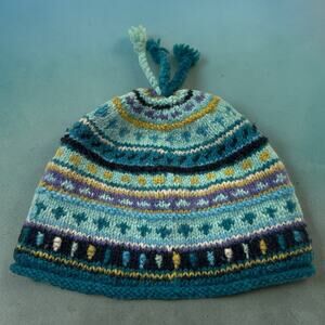 NEWARI Icelandic Design Wool Beanie Hat Blue Hand Knit Lined Tassels Fair Isle